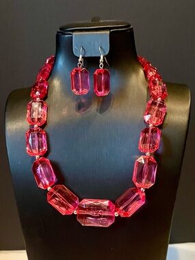 Pink Faceted Acrylic Necklace and Earring Set - Feminine Statement Jewelry